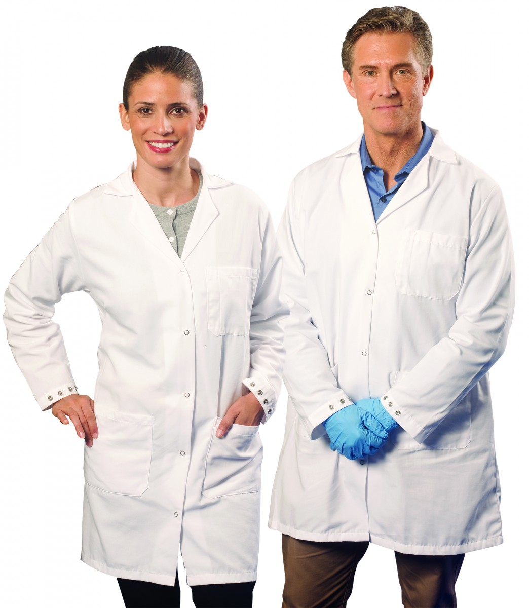 A man and a woman wearing white lab coats.