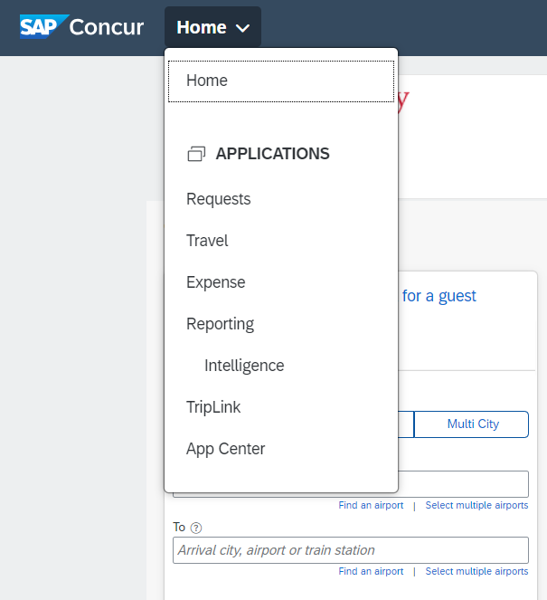 A screenshot of the SAP Concur home menu. It shows the modules you can access in the site, including Request, Travel, Expense, Reporting, Triplink, and the App Center.