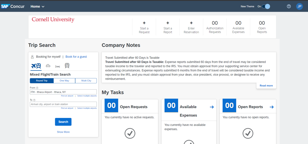 A screenshot of the SAP Concur home page.