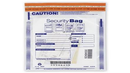 A security envelop labeled, "Security Bag". The envelop has space on its front to record the name, account number, and other data associated with the deposit. The seal at the top is colored orange.