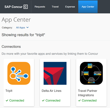 When TripIt has been activated, the connection shows up in the Concur App Center tab.
